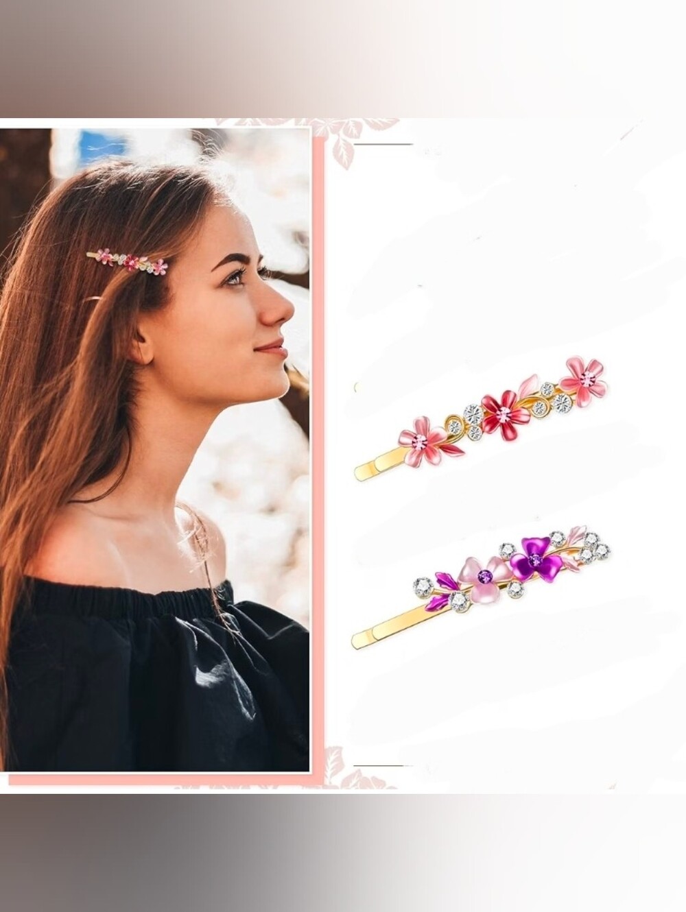Vintage-Style Floral Crystal Hair Pins Set - Pink & Purple BNIB